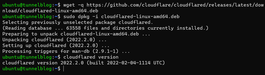 The wget, dpkg and "cloudflared version" command being executed. The dpkg command returns the installation output for cloudflared while "cloudflared version" returns "cloudflared version 2022.2.0 (built 2022-02-04-114 UTC)"