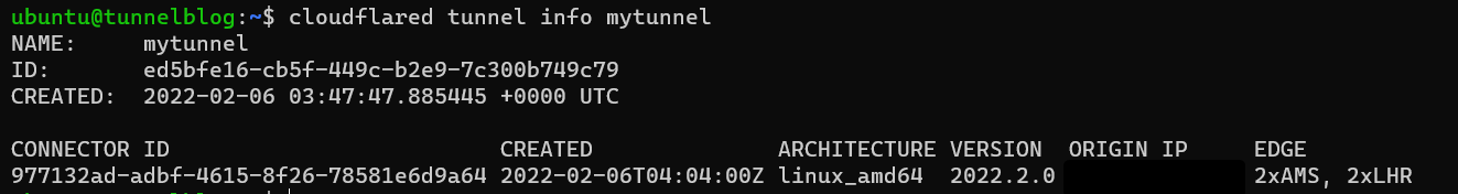The output of "cloudflared tunnel info mytunnel", showing the tunnel name, ID, creation date, and one active connection.